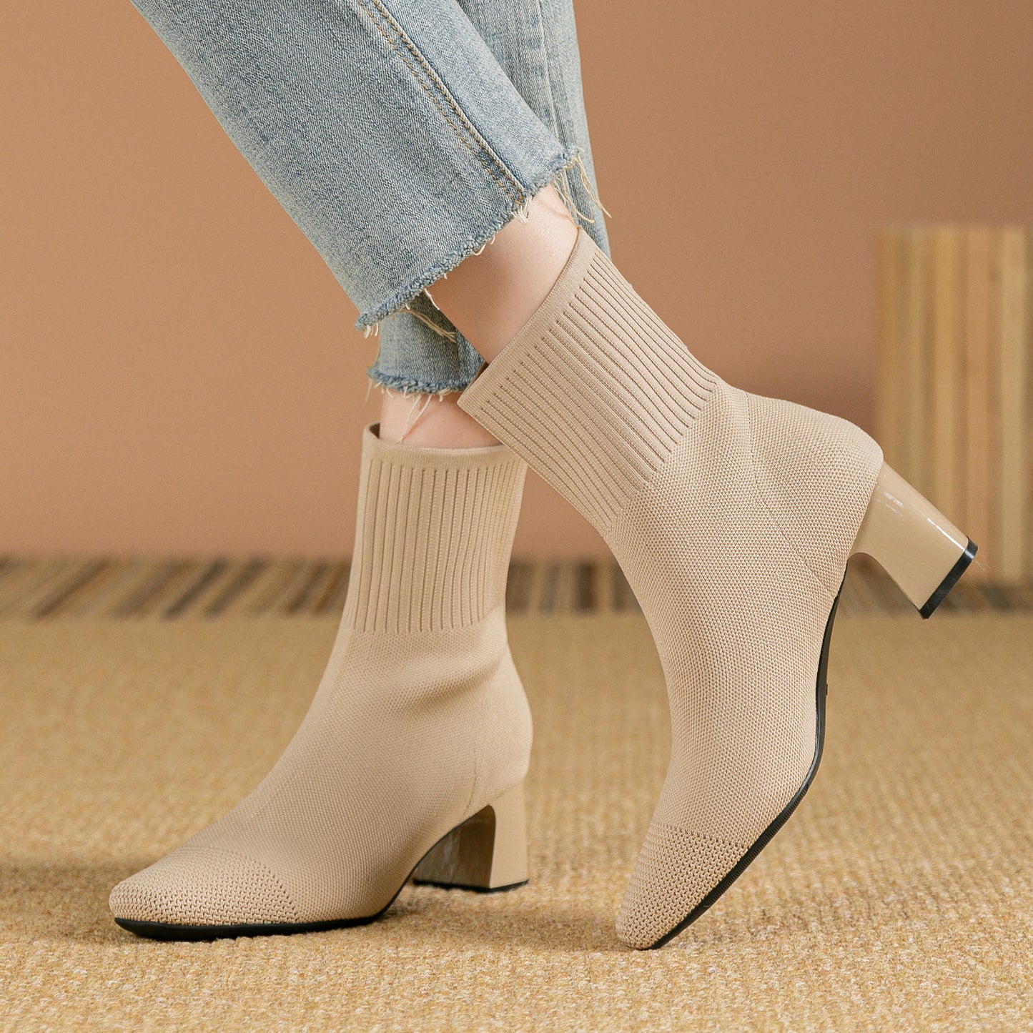Bottines Chaussettes Talon Carré Élégantes Femme