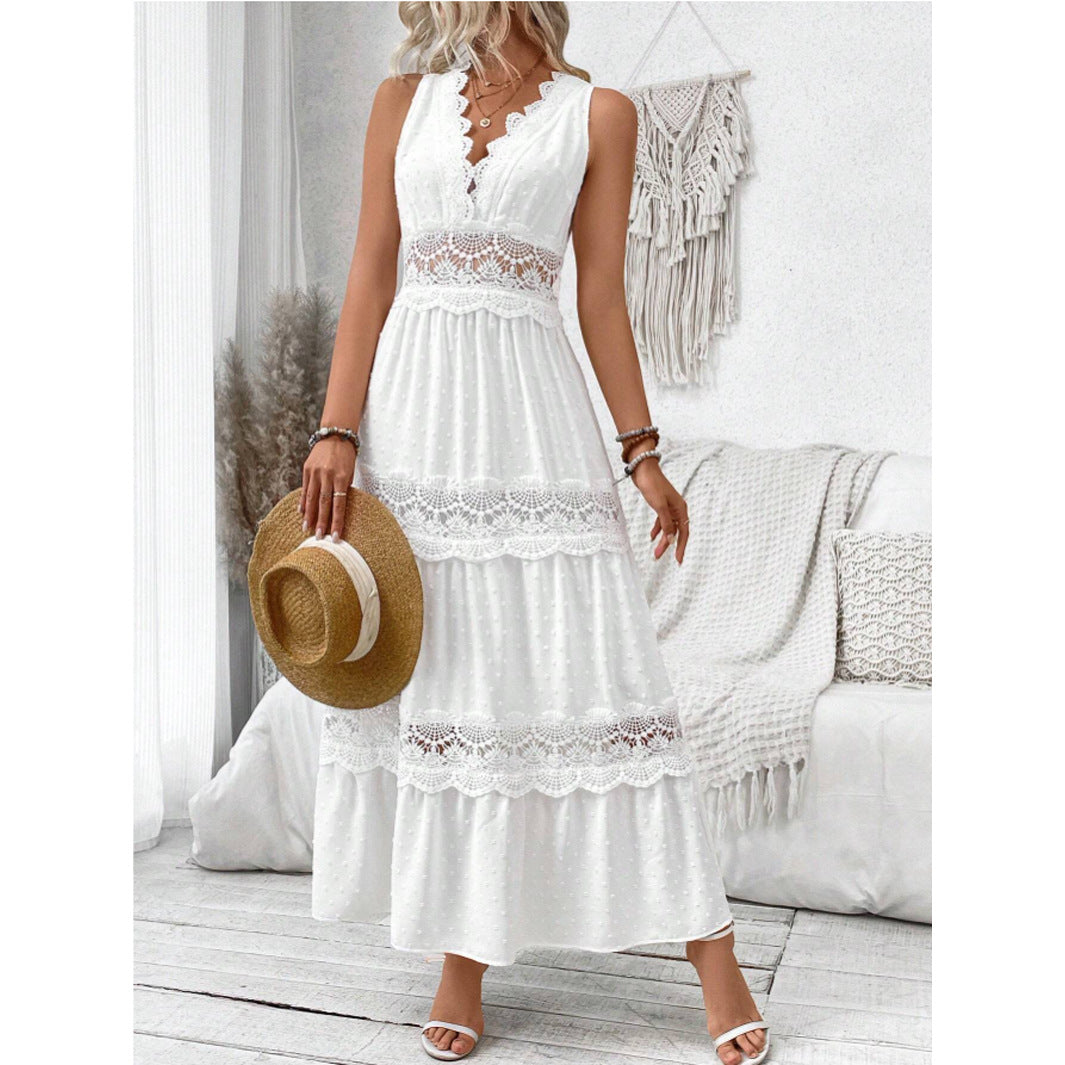Robe Longue Dentelle Élégante Col V