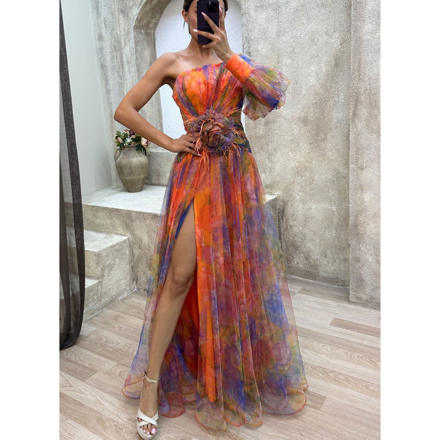 Robe Longue Asymétrique Tulle Fleuri