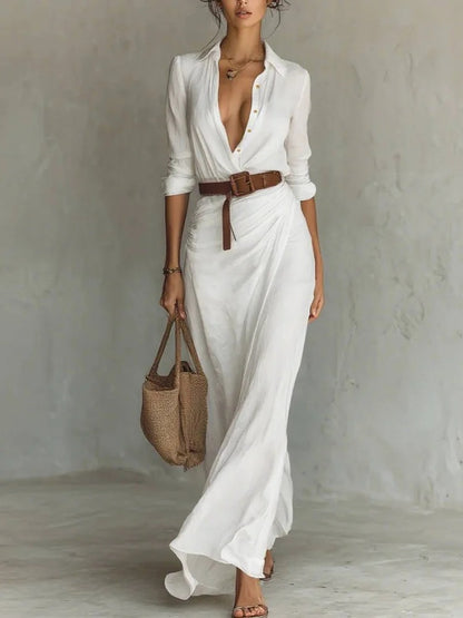 Robe Longue Asymétrique Ceinturée Élégante Femme