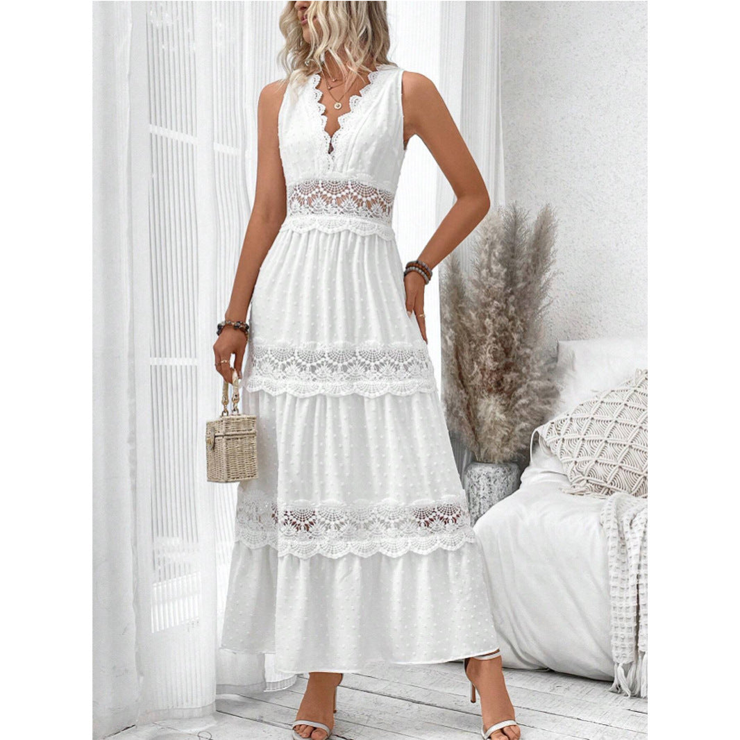 Robe Longue Dentelle Élégante Col V