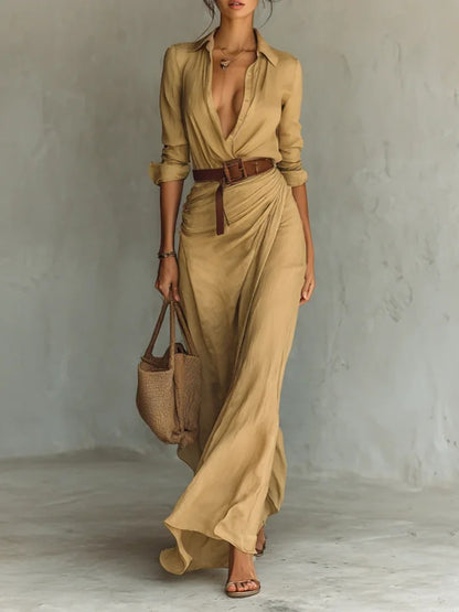 Robe Longue Asymétrique Ceinturée Élégante Femme