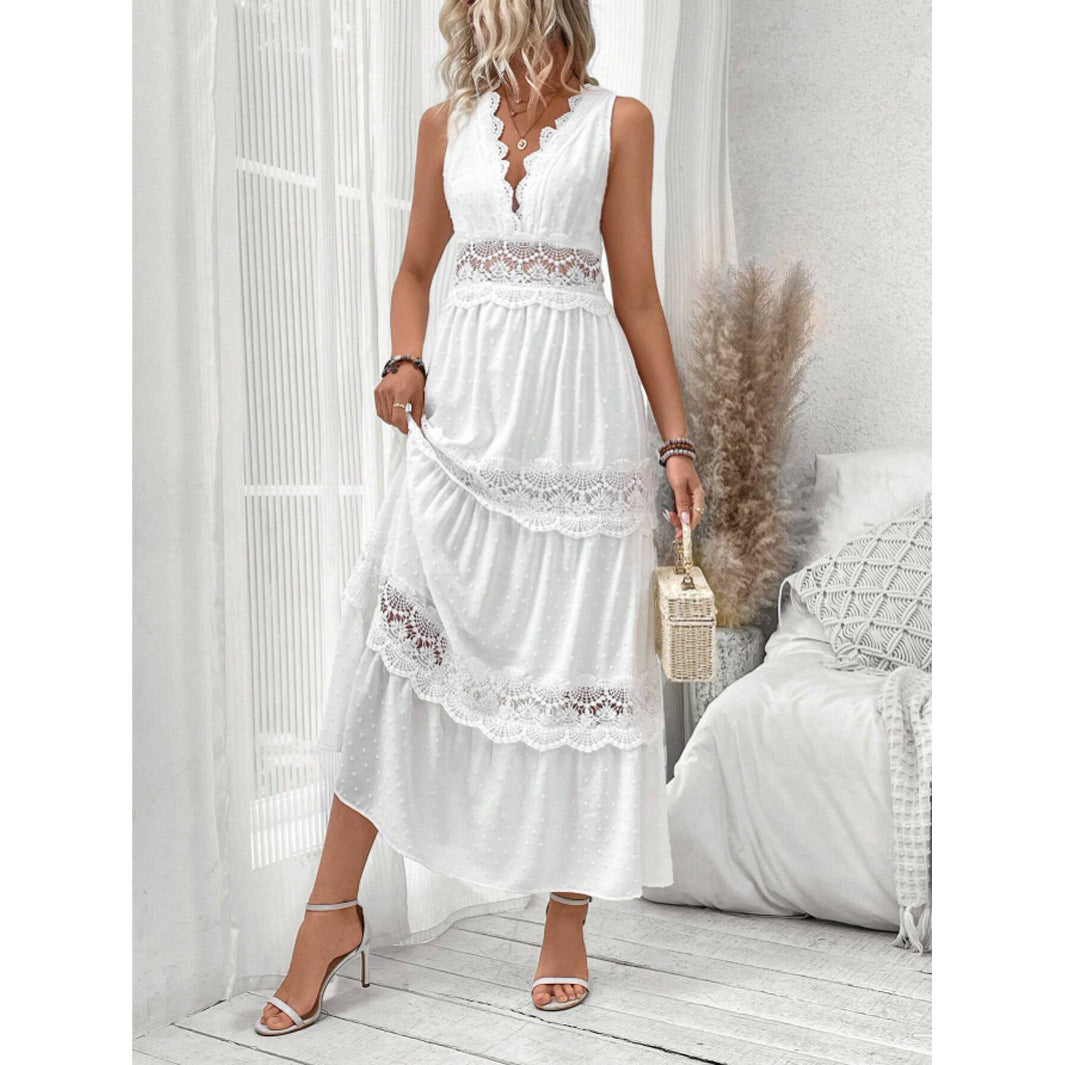 Robe Longue Dentelle Élégante Col V