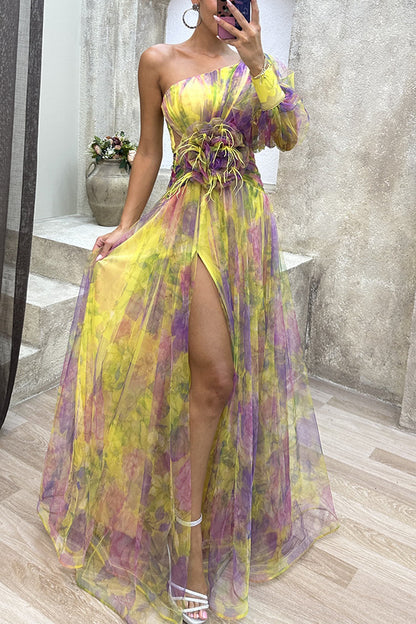 Robe Longue Asymétrique Tulle Fleuri