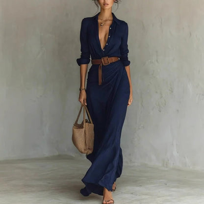 Robe Longue Asymétrique Ceinturée Élégante Femme