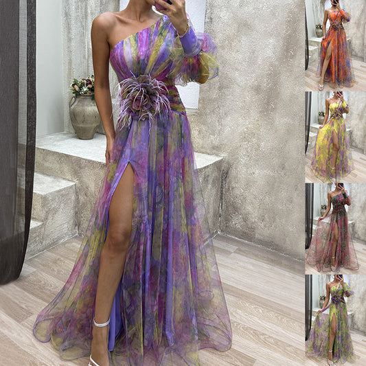 Robe Longue Asymétrique Tulle Fleuri