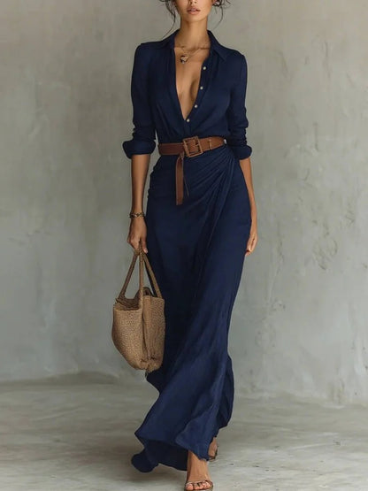 Robe Longue Asymétrique Ceinturée Élégante Femme
