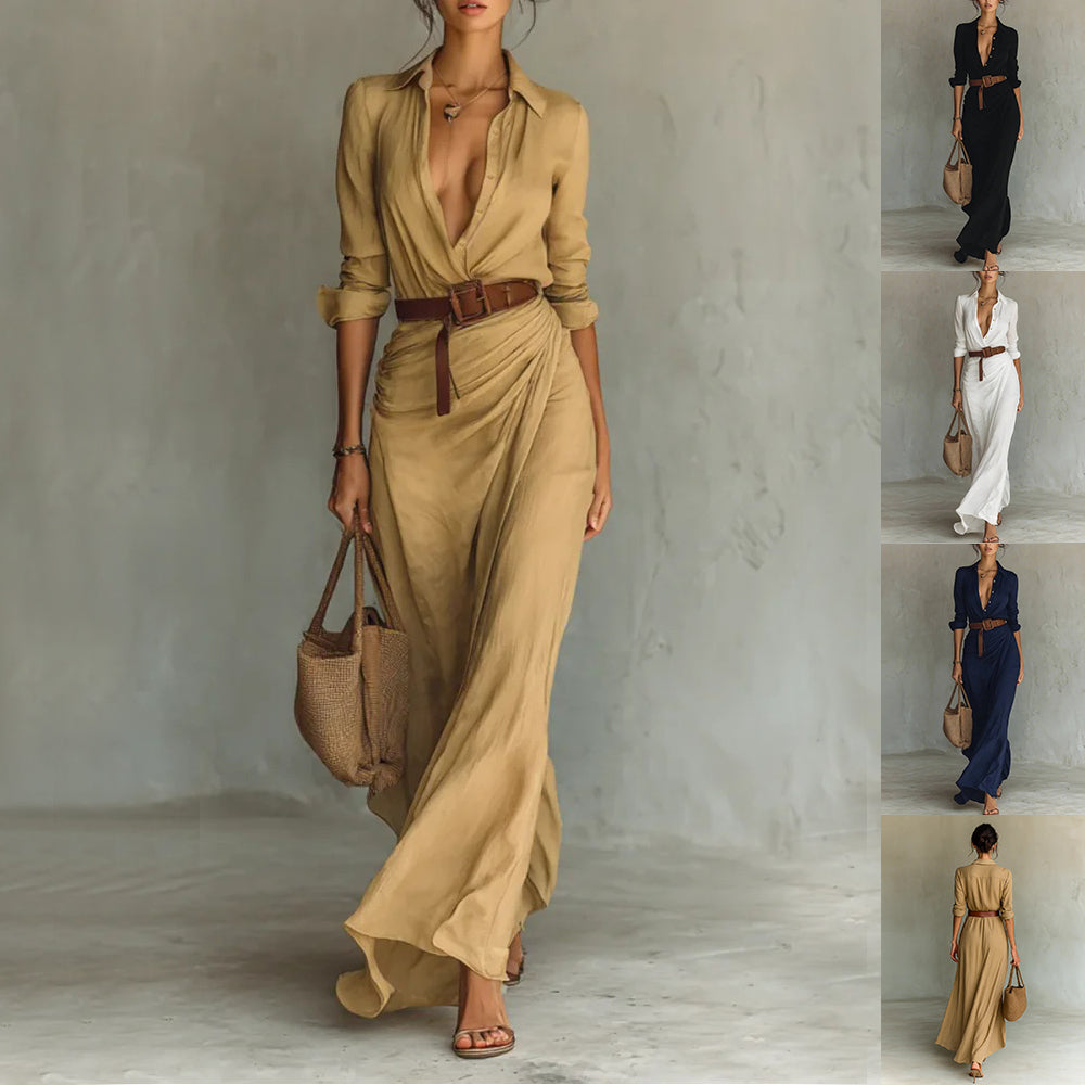 Robe Longue Asymétrique Ceinturée Élégante Femme