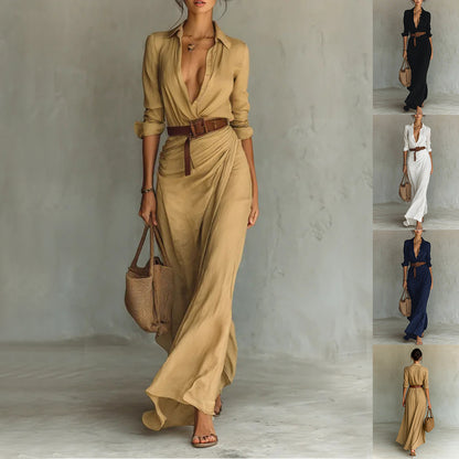 Robe Longue Asymétrique Ceinturée Élégante Femme