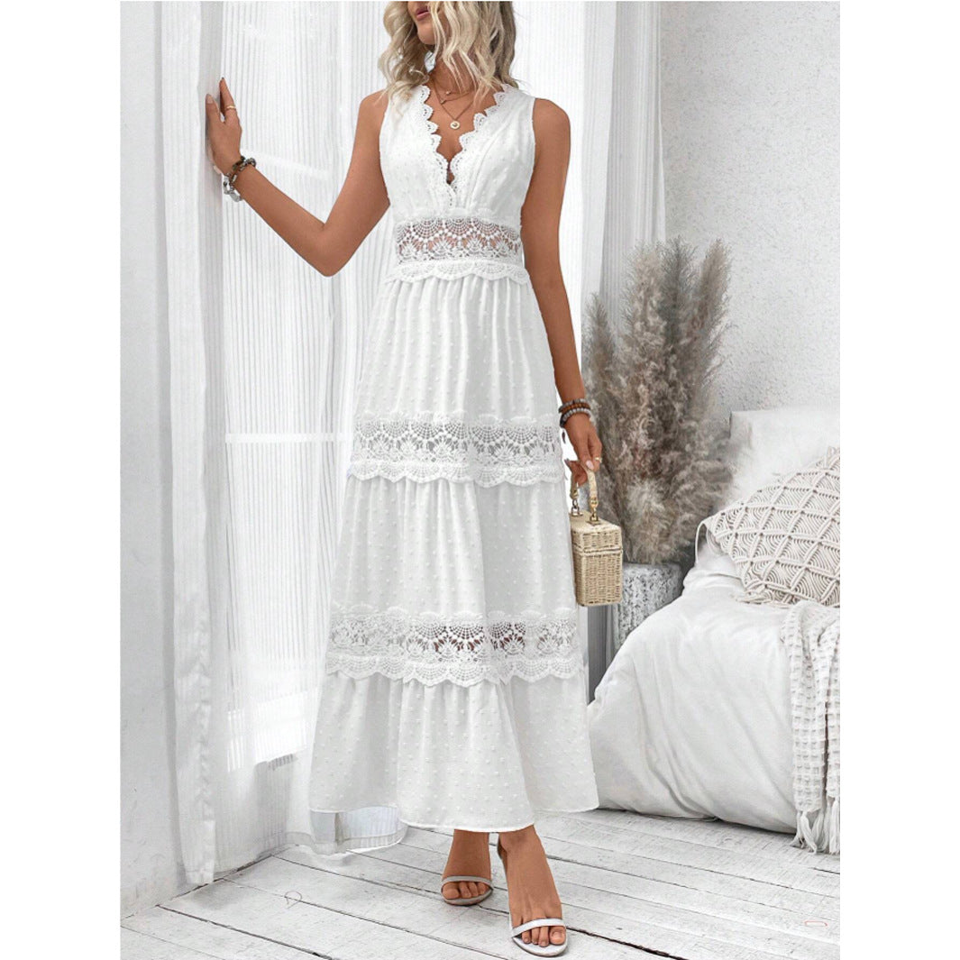 Robe Longue Dentelle Élégante Col V