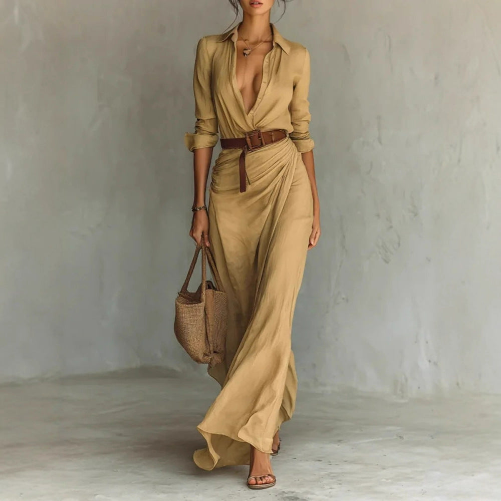Robe Longue Asymétrique Ceinturée Élégante Femme