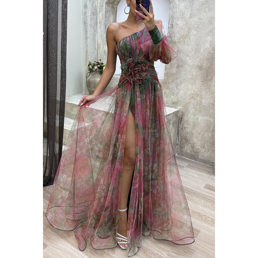 Robe Longue Asymétrique Tulle Fleuri