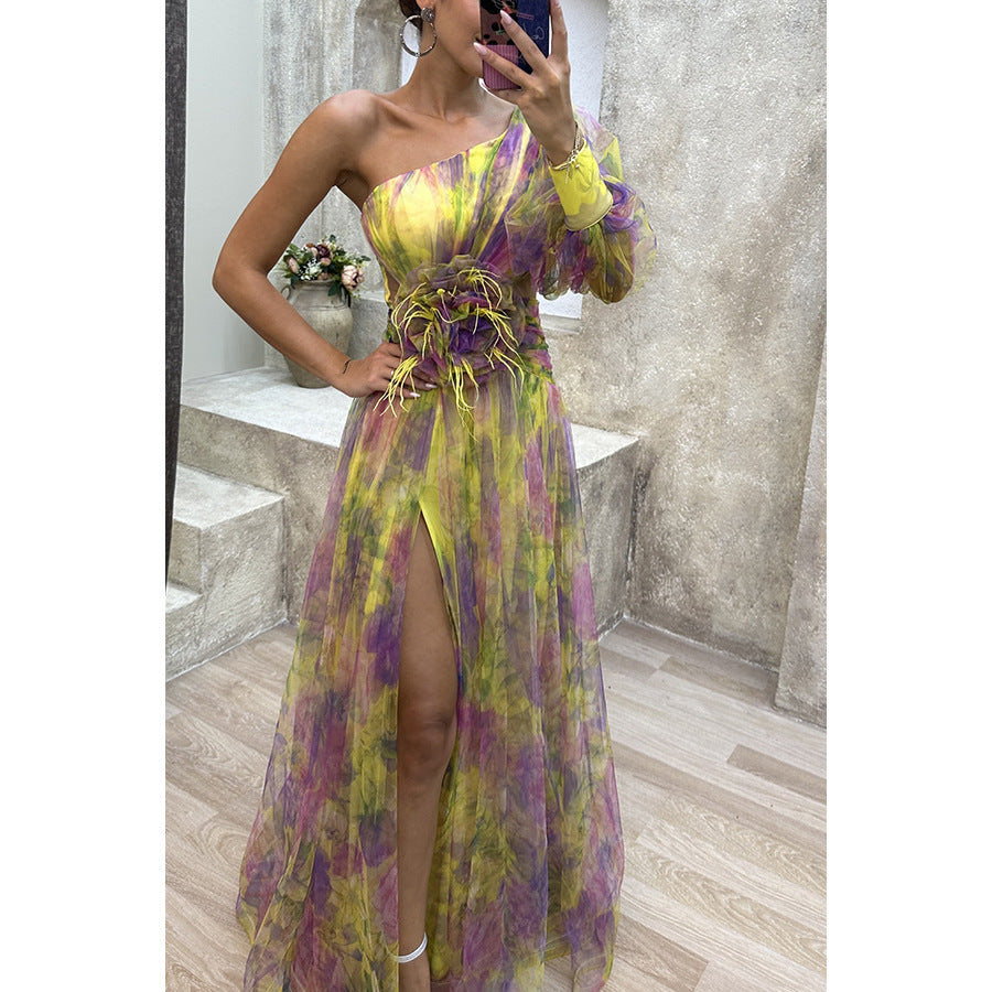 Robe Longue Asymétrique Tulle Fleuri