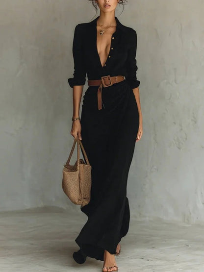 Robe Longue Asymétrique Ceinturée Élégante Femme
