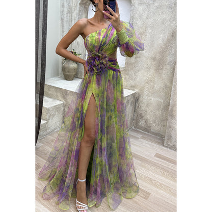 Robe Longue Asymétrique Tulle Fleuri
