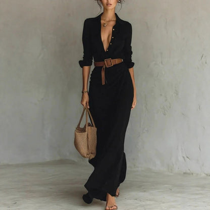 Robe Longue Asymétrique Ceinturée Élégante Femme